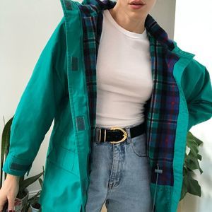 Vintage 90s Eddie Bauer teal flannel hooded coat jacket